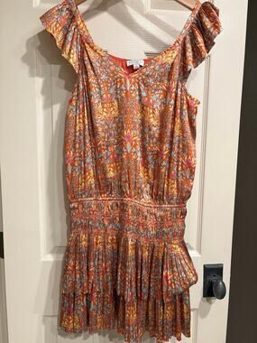 CURRENT AIR Brand Orange Blue Paisley Pleated Mini Dress Size Small Floral Boho